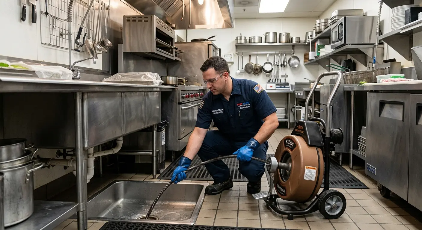 Commercial drain cleaning service in a restaurant kitchen in Lonsdale