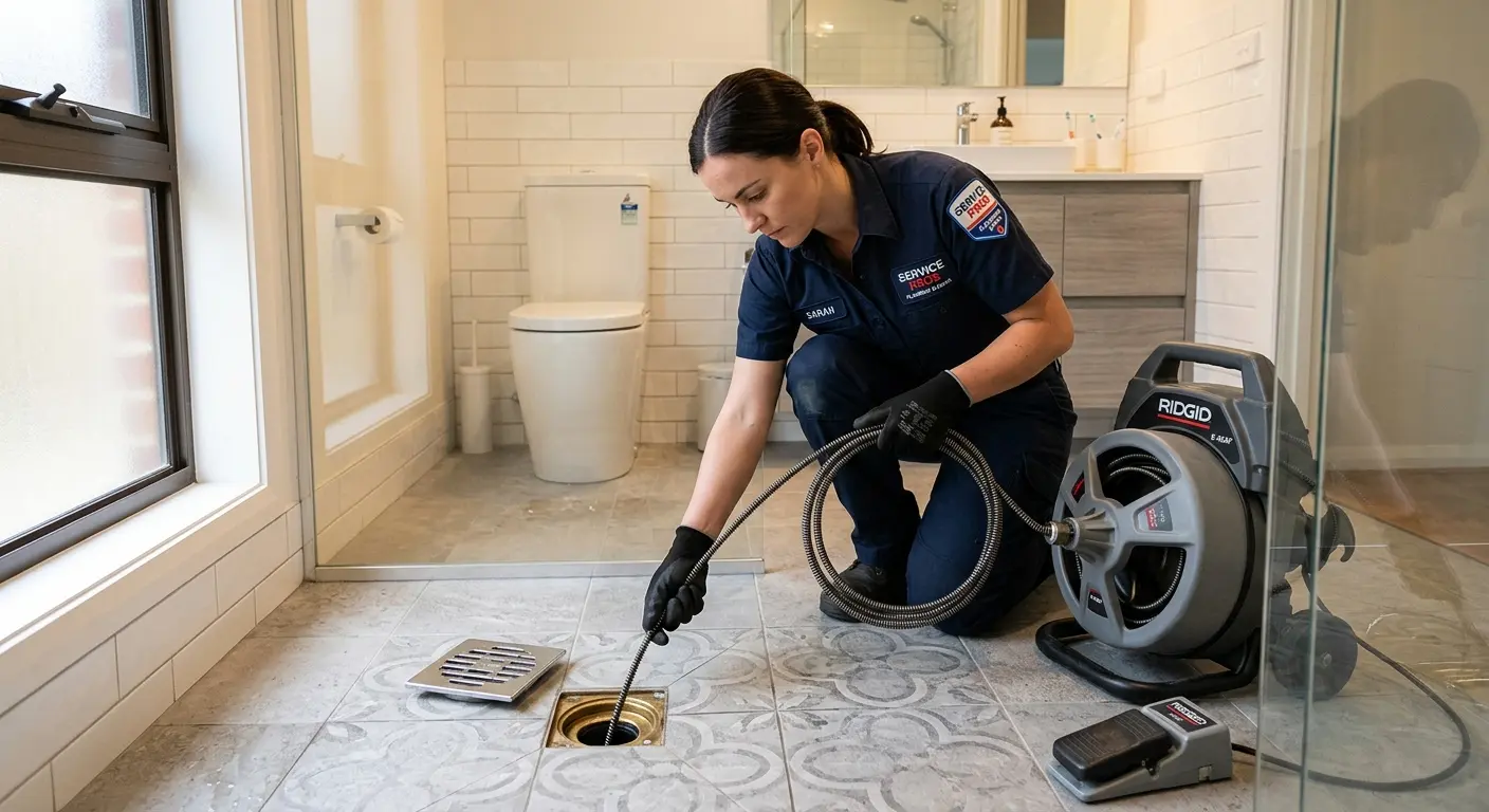 Technician clearing a bathroom floor drain for Drain Repair in Lonsdale
